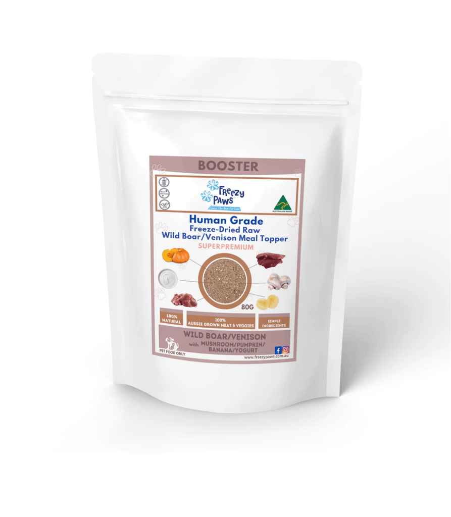 FREEZY PAWS Freeze-Dried Raw Wild Boar & Venison with Mushroom, Pumpkin, Banana and Yogurt Meal Topper Mix 80g - Sparklet