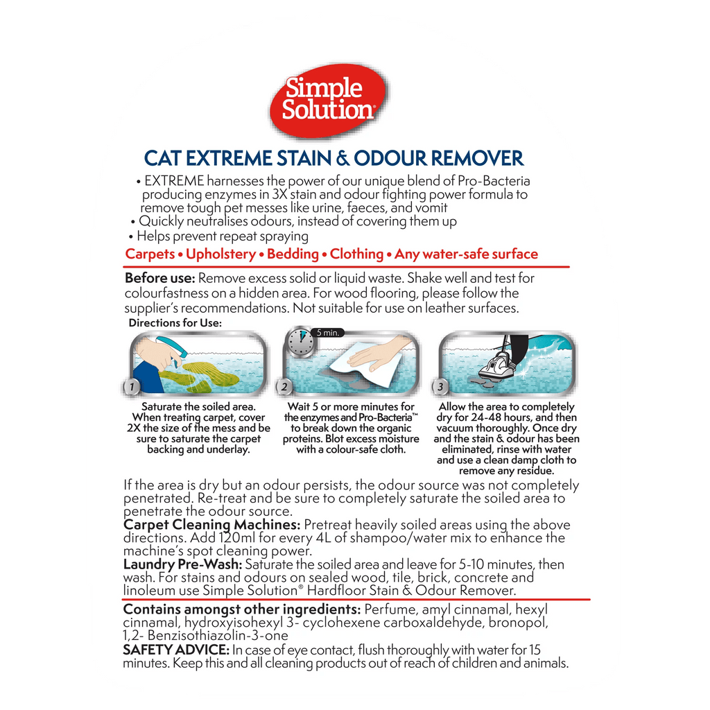 SIMPLE SOLUTION Extreme Stain & Odour Remover for Cats 500ml - Sparklet