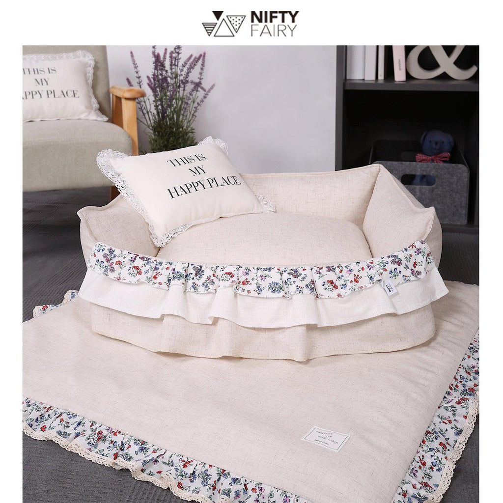 NIFTY FAIRY Premium Four Season Pet Bed with Pillow Medium -Beige Floral - Sparklet